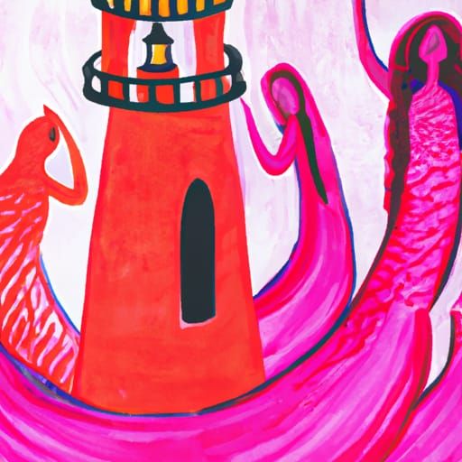 Hot Pink Lighthouse with Mermaids, Gouache Painting