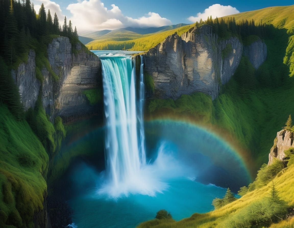 Turquoise Waterfall Cascade in Dreamy Ethereal Light