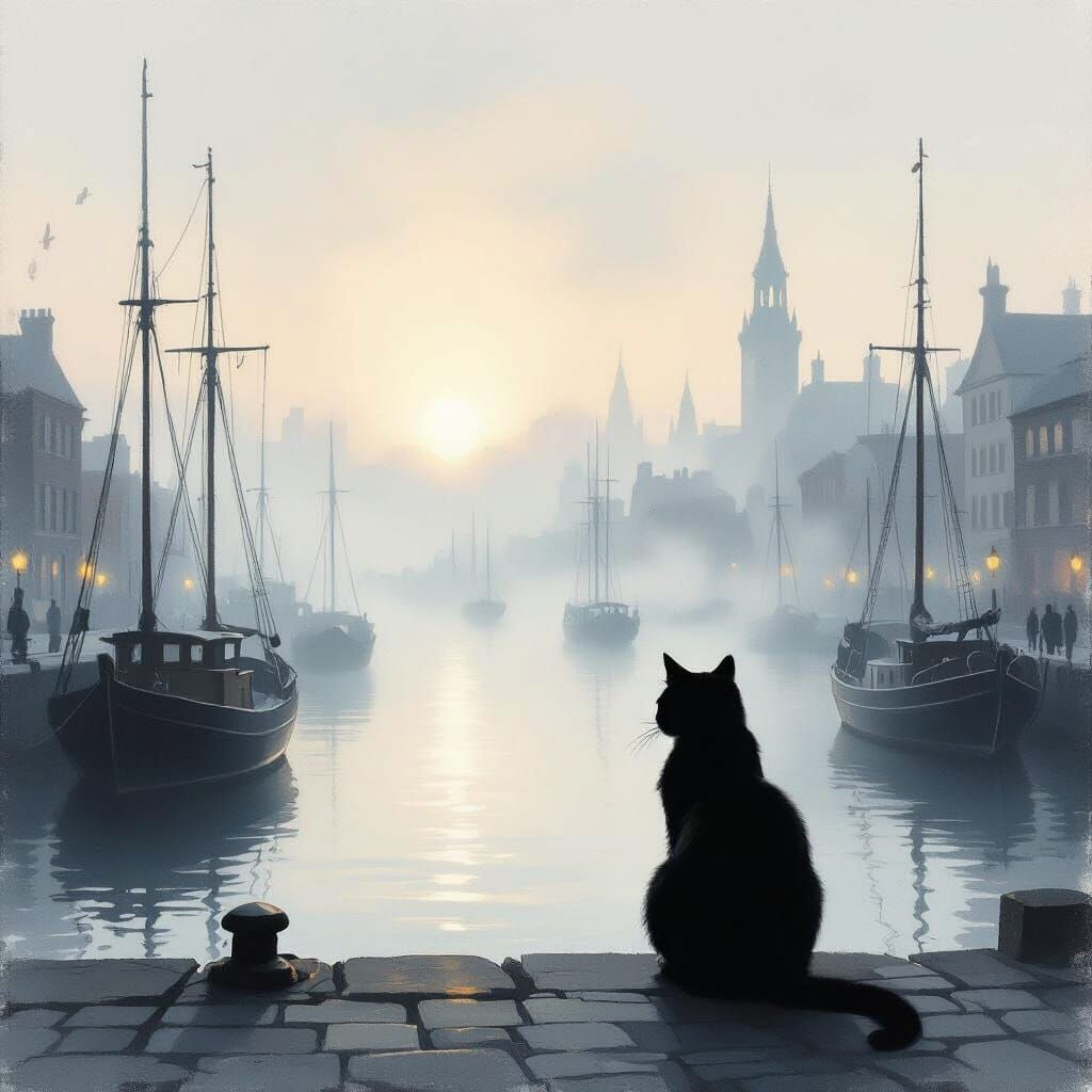 Ethereal Fog Settles Over Harbor City at Dawn