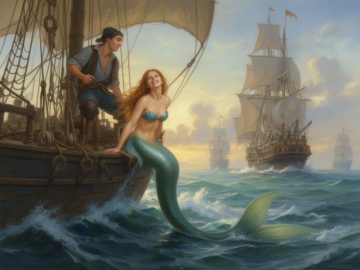 Mermaid Gazes Up at Sailor on Ship, Oil Painting