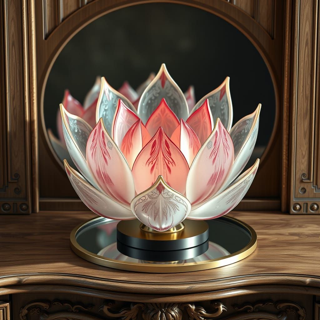 Glass Lotus Sculpture on Carved Wood Mantel