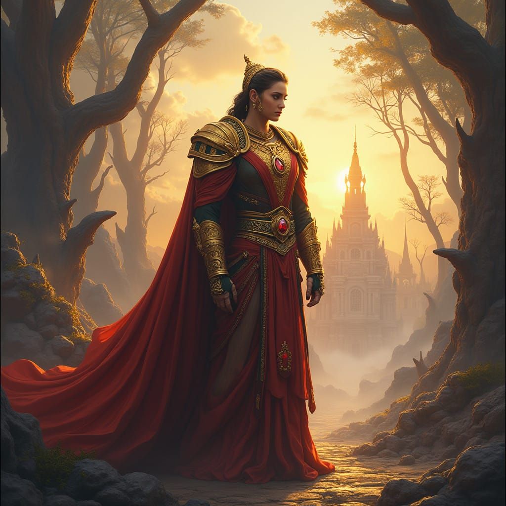 Regal Figure in Golden Splendor Amidst Ancient Ruins