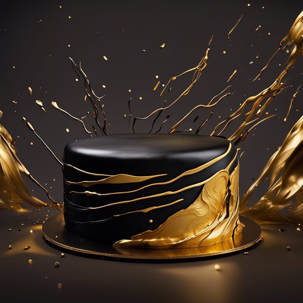 Dramatic Black and Gold Cake: Hyperrealistic Splash Art