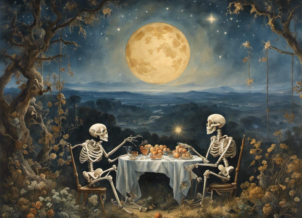 Laughing Skeletons Dine Under Starry Constellations