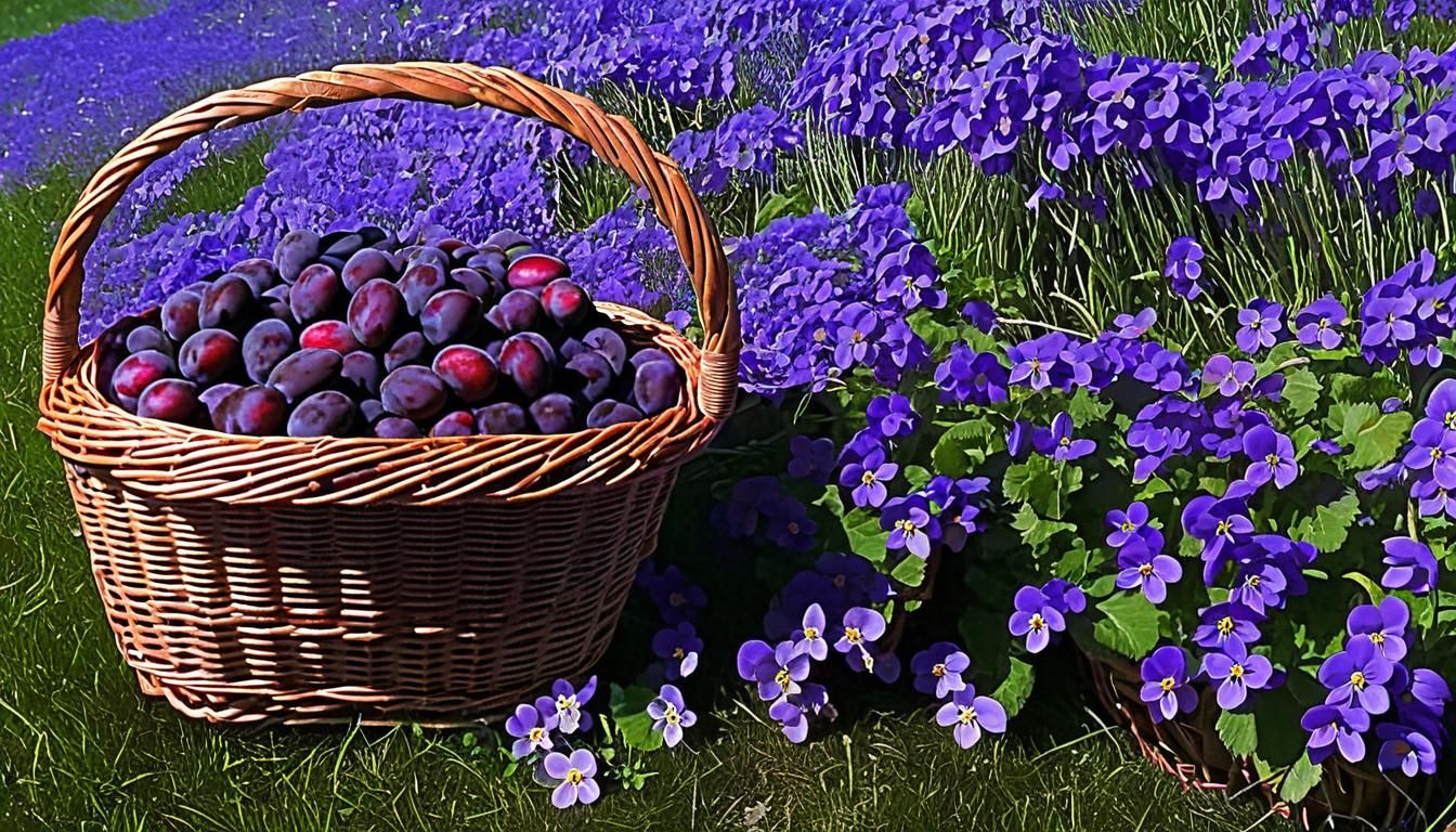 Wicker Basket of Plums in Violet Meadow