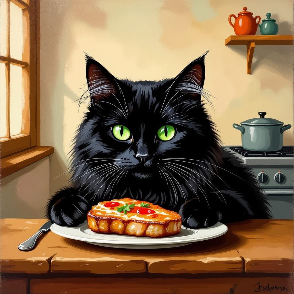 Black Cat Enjoys Chop, Detailed Art Style