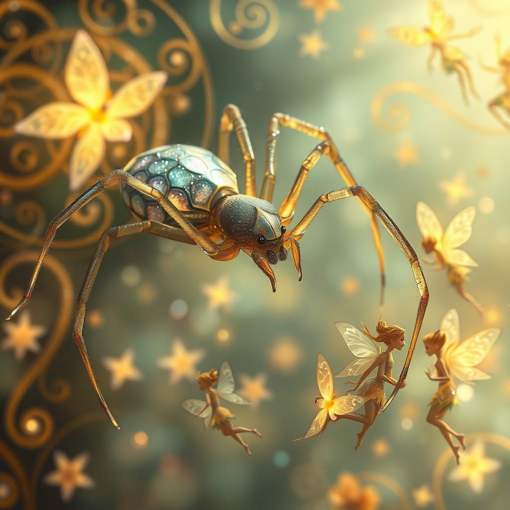 Whimsical Spider Dance in Vibrant, Dreamlike Setting