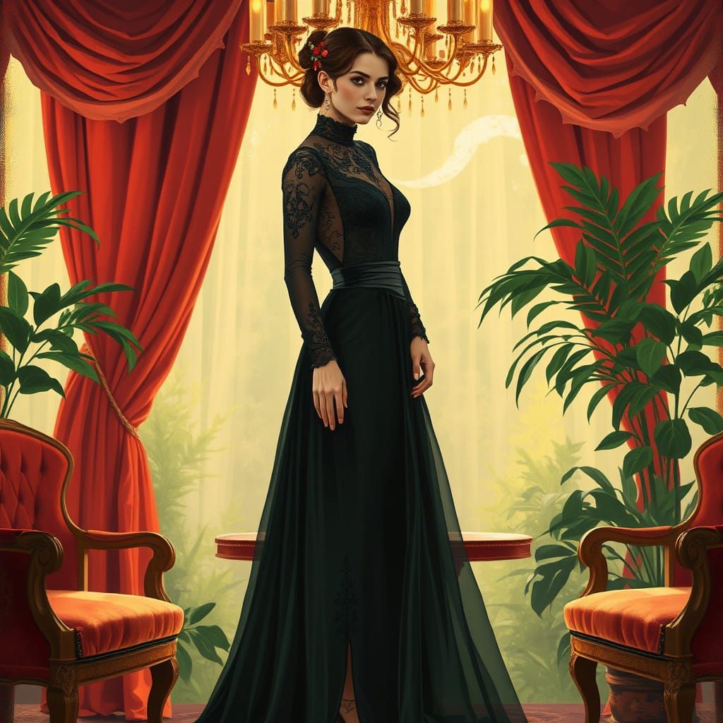 Elegant Woman in Velvet Salon, Post-Impressionist Art Nouvea...