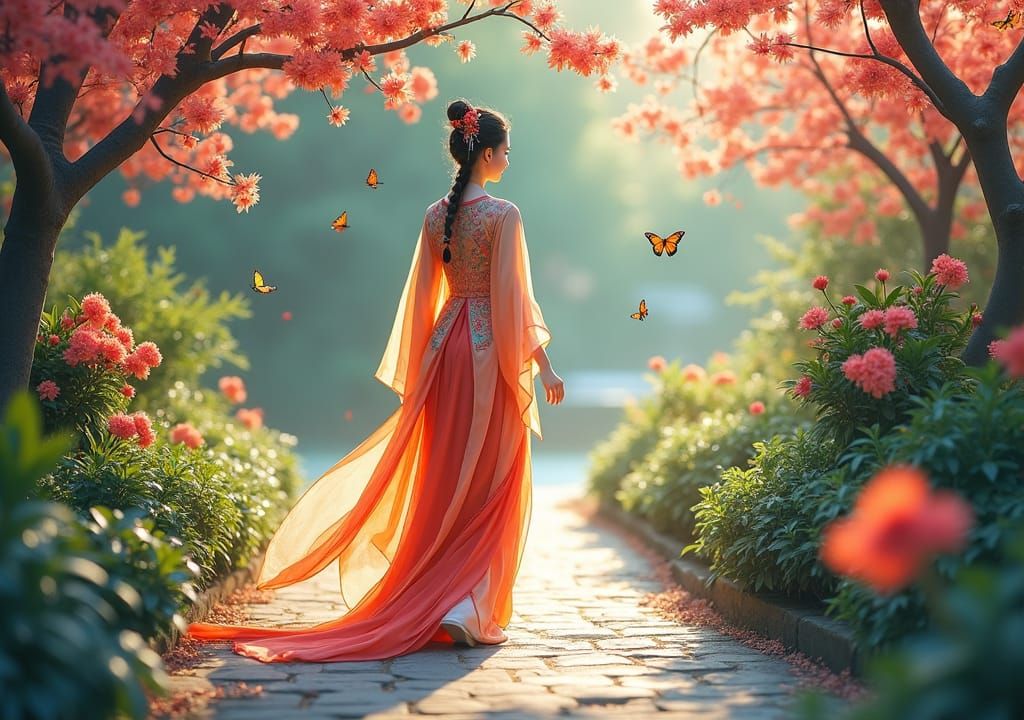 Woman in Hanfu in Chinese Flower Garden