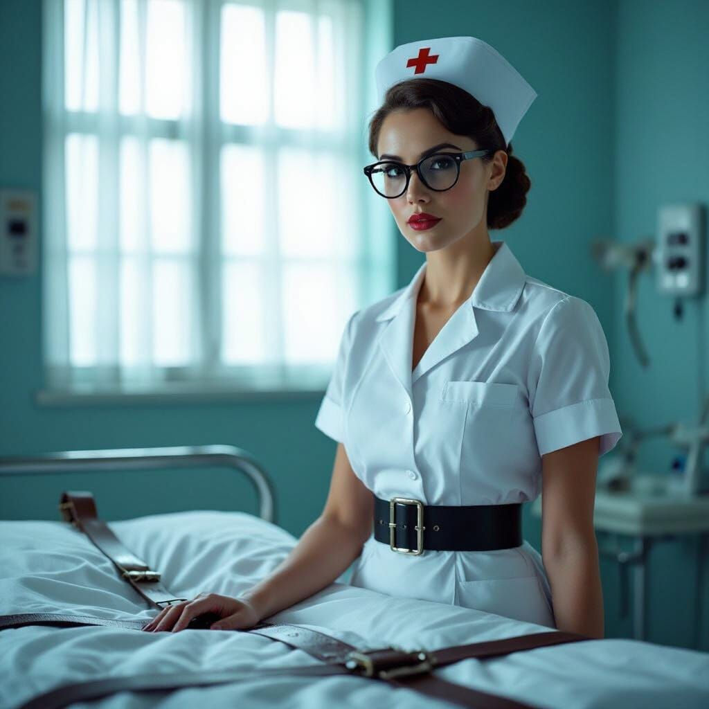 Asylum Nurse Beside Restraint Bed Cinematic Film Still