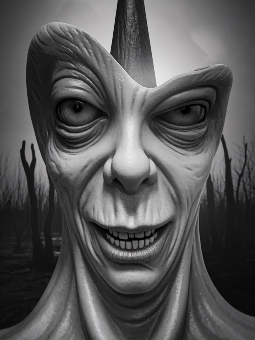 Eerie Noir Horror Figure in Gritty Black and White