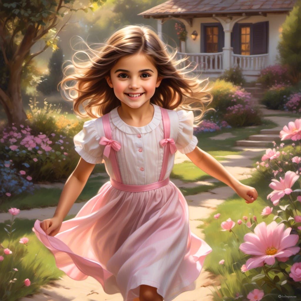 Joyful Girl With Pink Bow: Whimsical Oil Painting