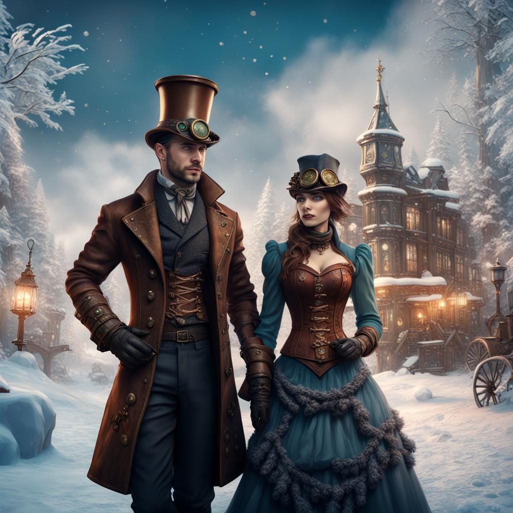Steampunk Couple in Winter Wonderland