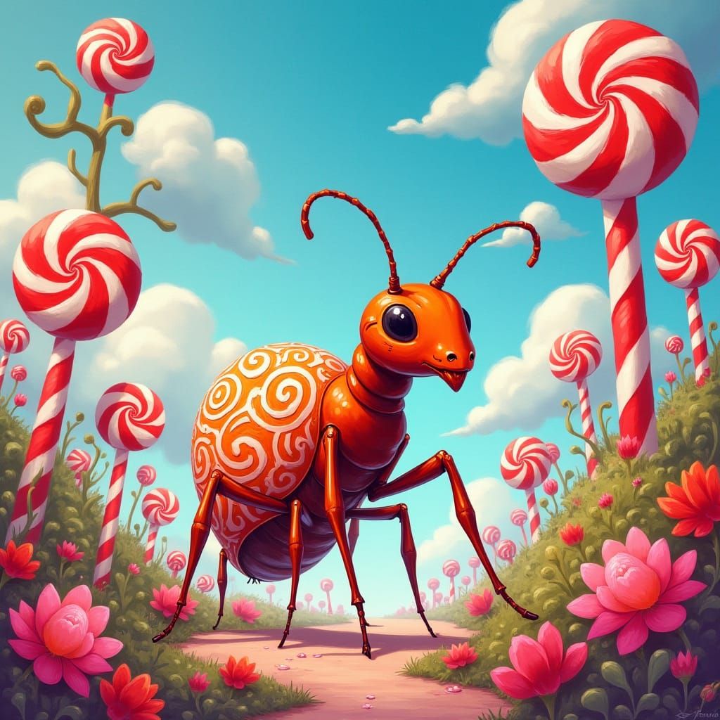 Whimsical Ant in Candyland Gouache-Painted Wonderland