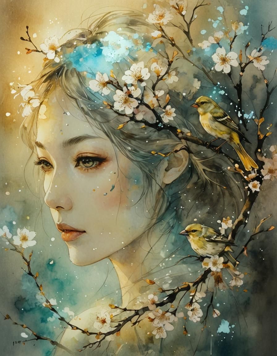 Elegant Gothic: Finch and Cherry Blossoms in Japanese Art