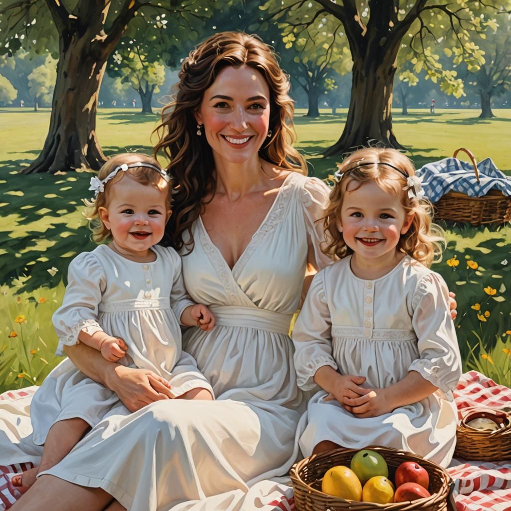Mother and Twins Picnic: Oil Painting Style