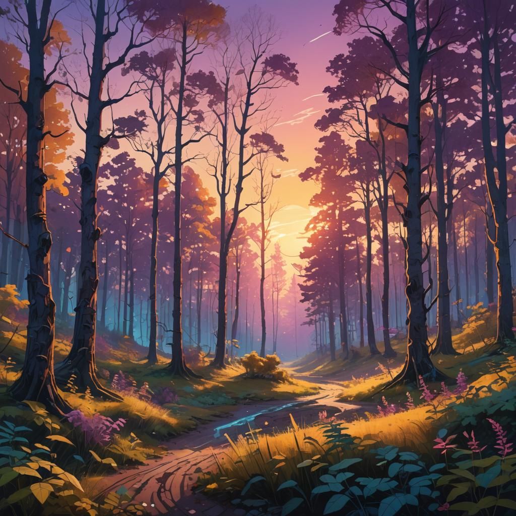 Luminous Fantasy Landscape with Golden Sunset