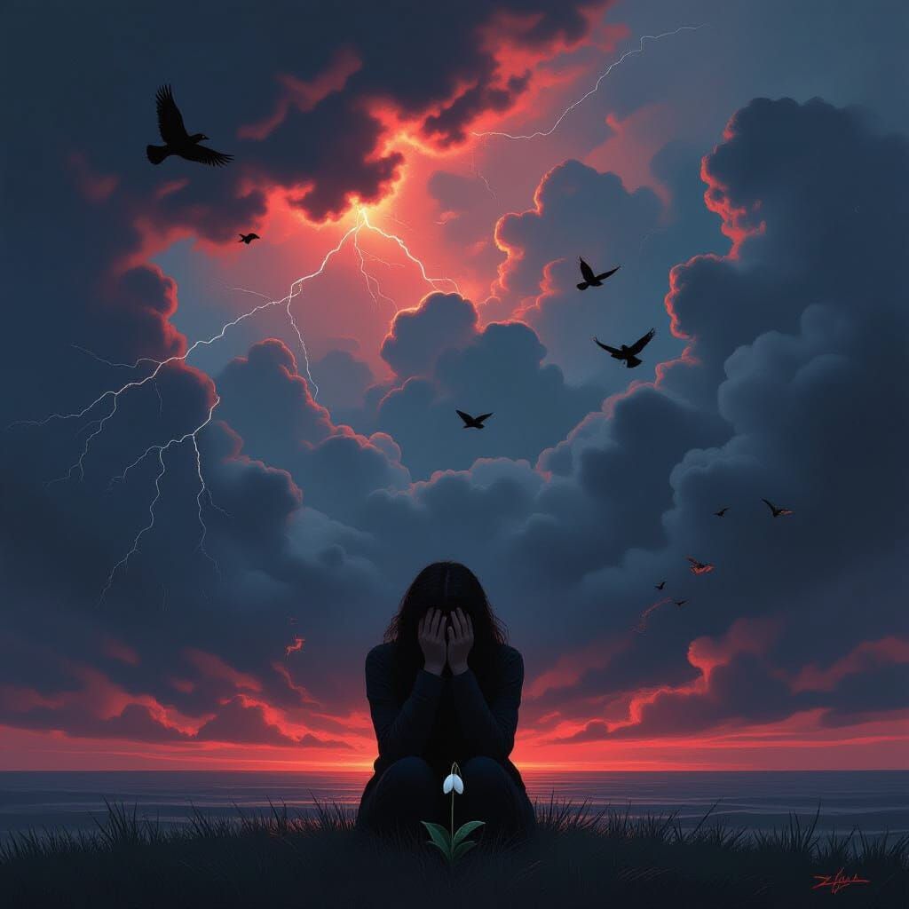 Stormy Midnight Sky with Red Lightning and Crying Figure