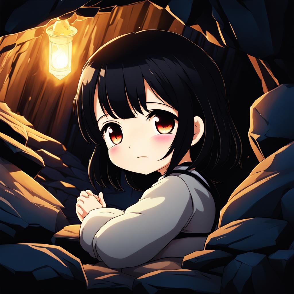 Chibi Girl Sleeping in Dark Cave, Anime Style