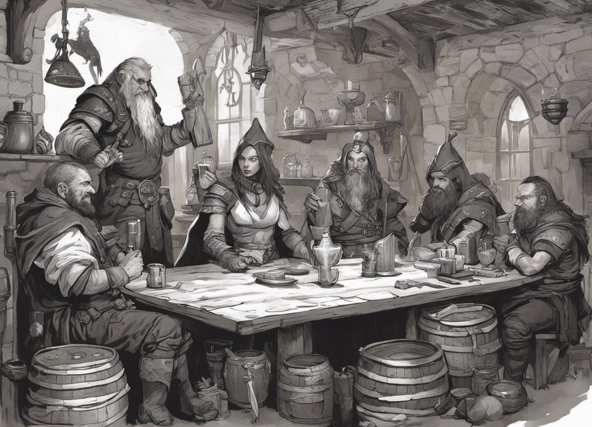 D&D Party in a Magical Medieval Tavern