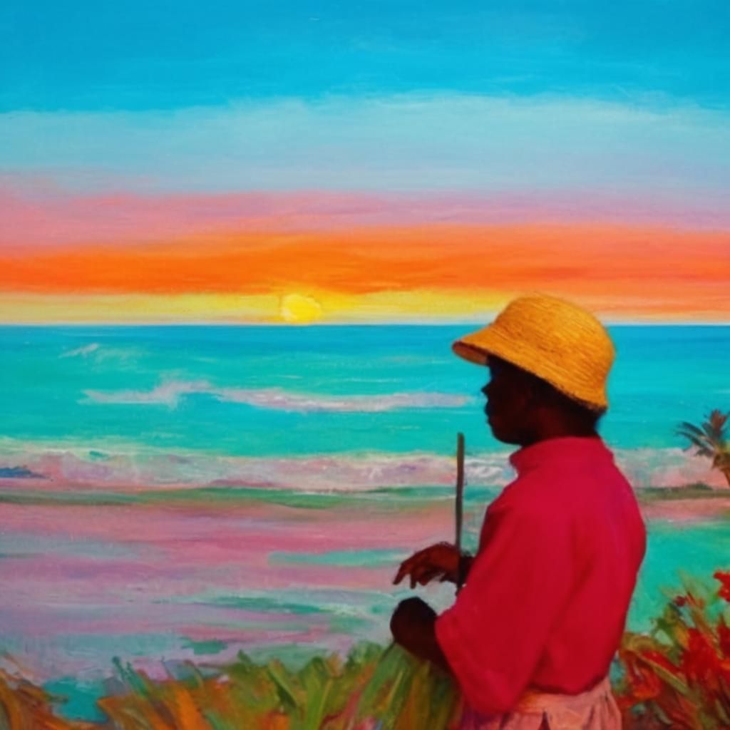 Sunset Beach Scene in Surrealist Style