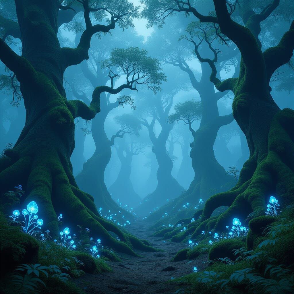 Mystical Ancient Forest in Ethereal Fog