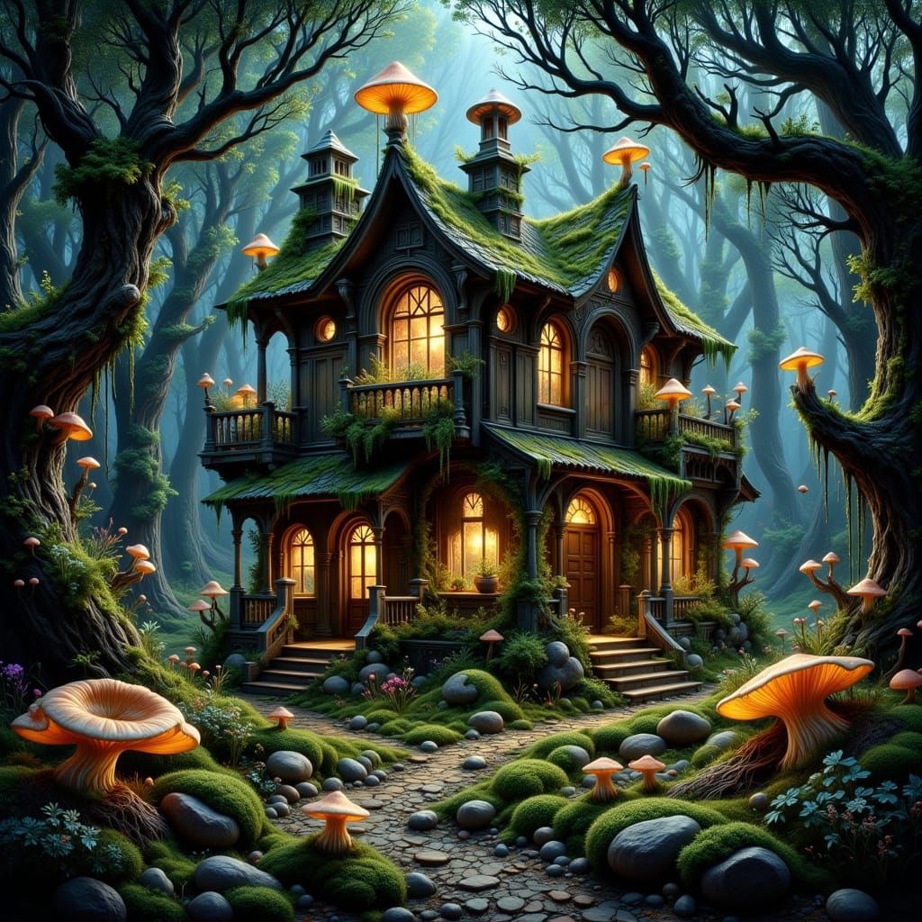 Overgrown Hut in Enchanted Forest at Twilight