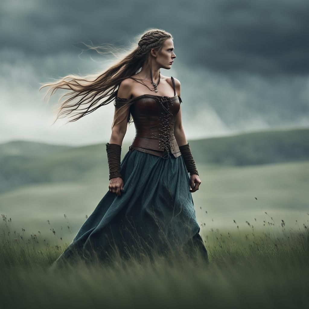 Viking Woman in Stormy Meadow