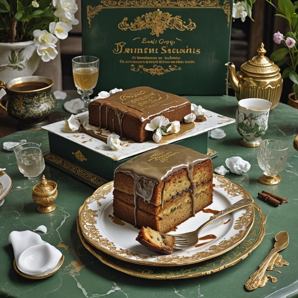 Earl Grey Cake Overflowing on French Patio, Digital Painting