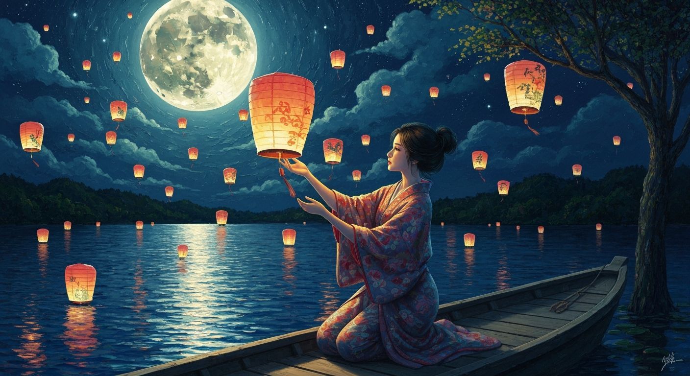 Japanese Beauty with Lantern in Mosaic Glass Style