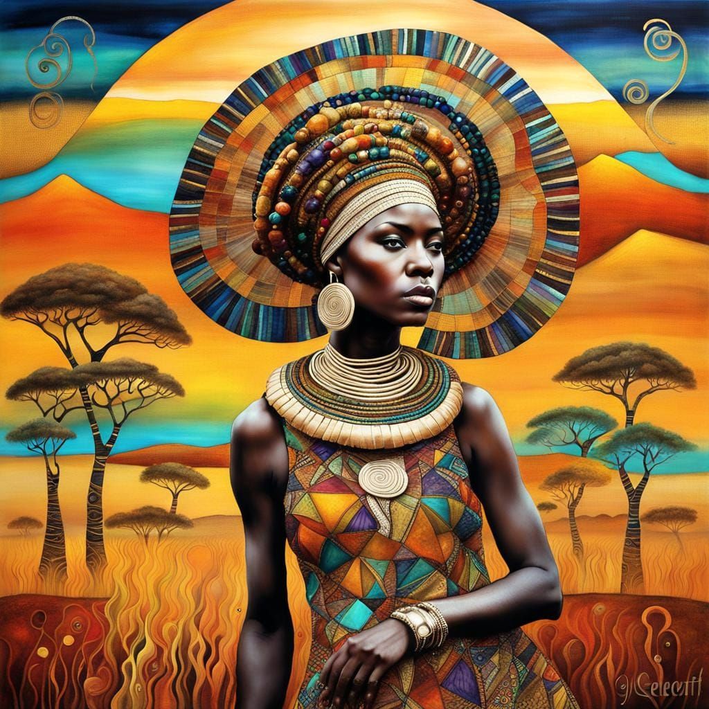Tribal African Woman in Klimt-Style Savanna