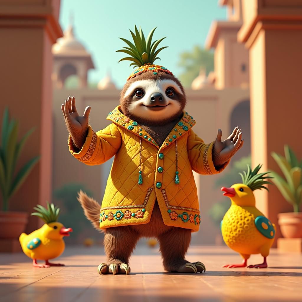 Sloth in Pineapple Suit with Duck: 3D Anime Art