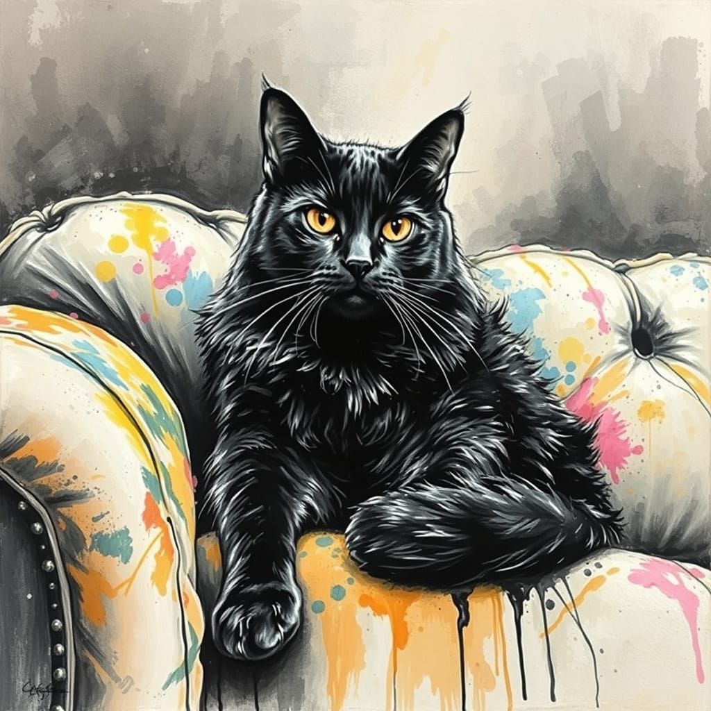 Hyperdetailed Cat Charcoal Drawing in Gouache Style