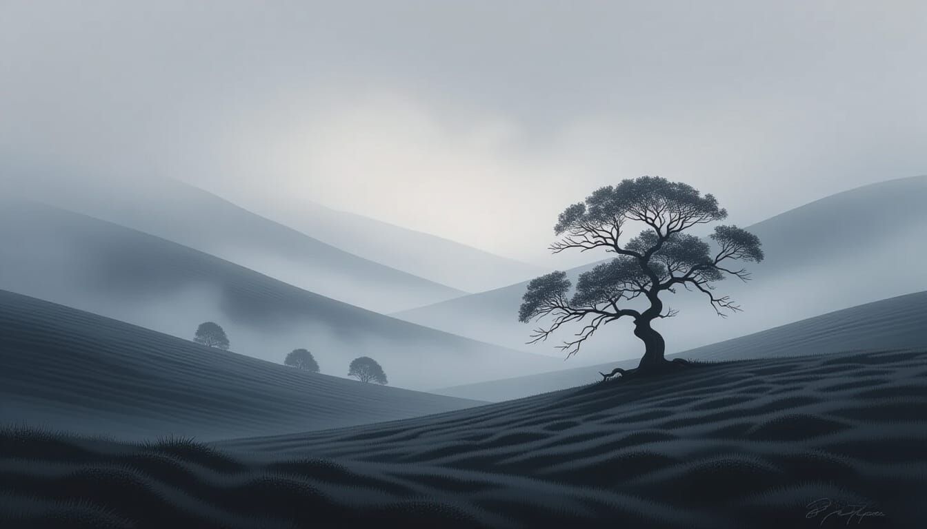 Monochromatic Misty Landscape Serene Serenity