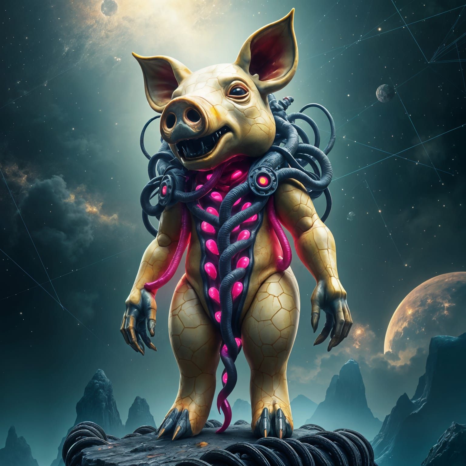 Marble Pig-Man Quantum Sculpture in Cosmic Setting