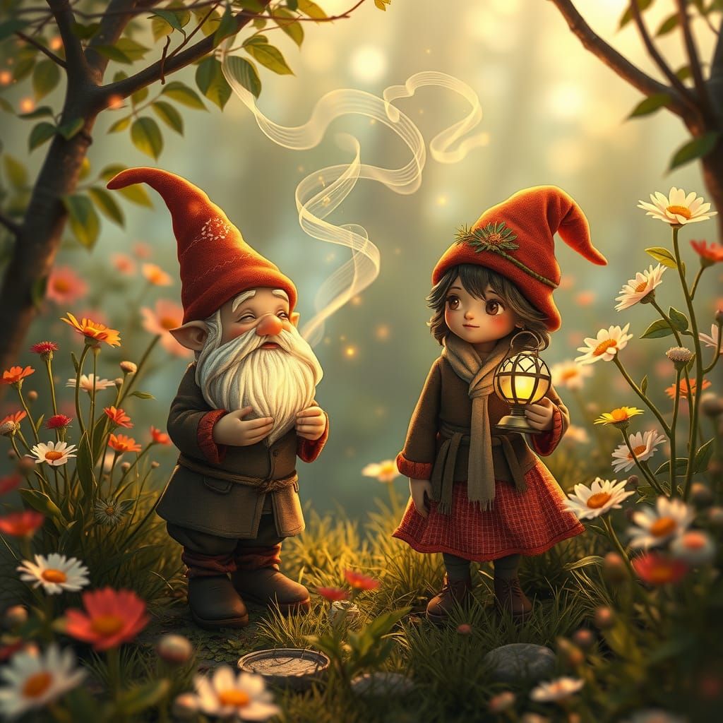 Gnome Romance in Mystical Garden, Fantasy Art
