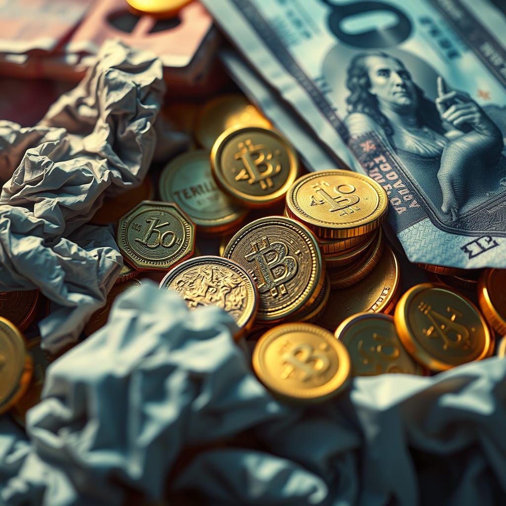 Golden Coins and Banknotes in Futuristic Realism