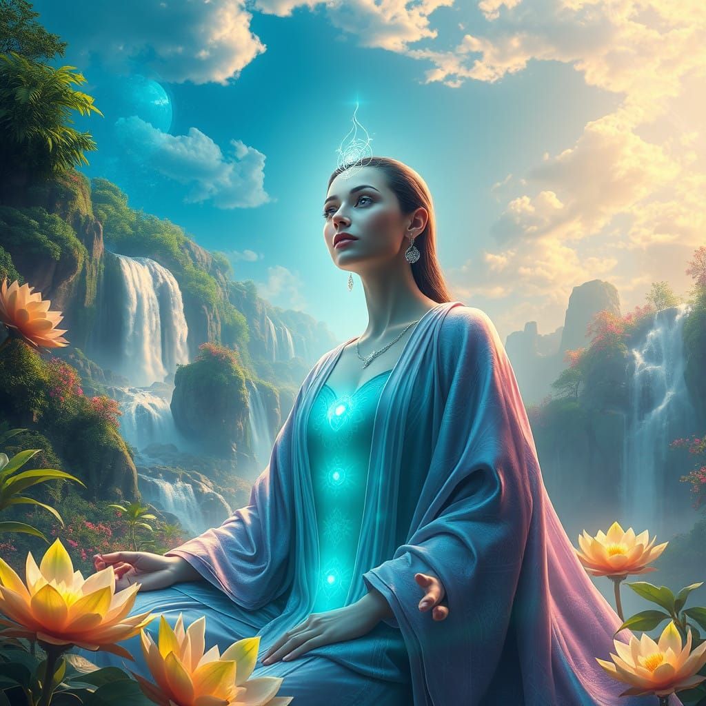 Serene Goddess in Vibrant, Dreamy Landscape