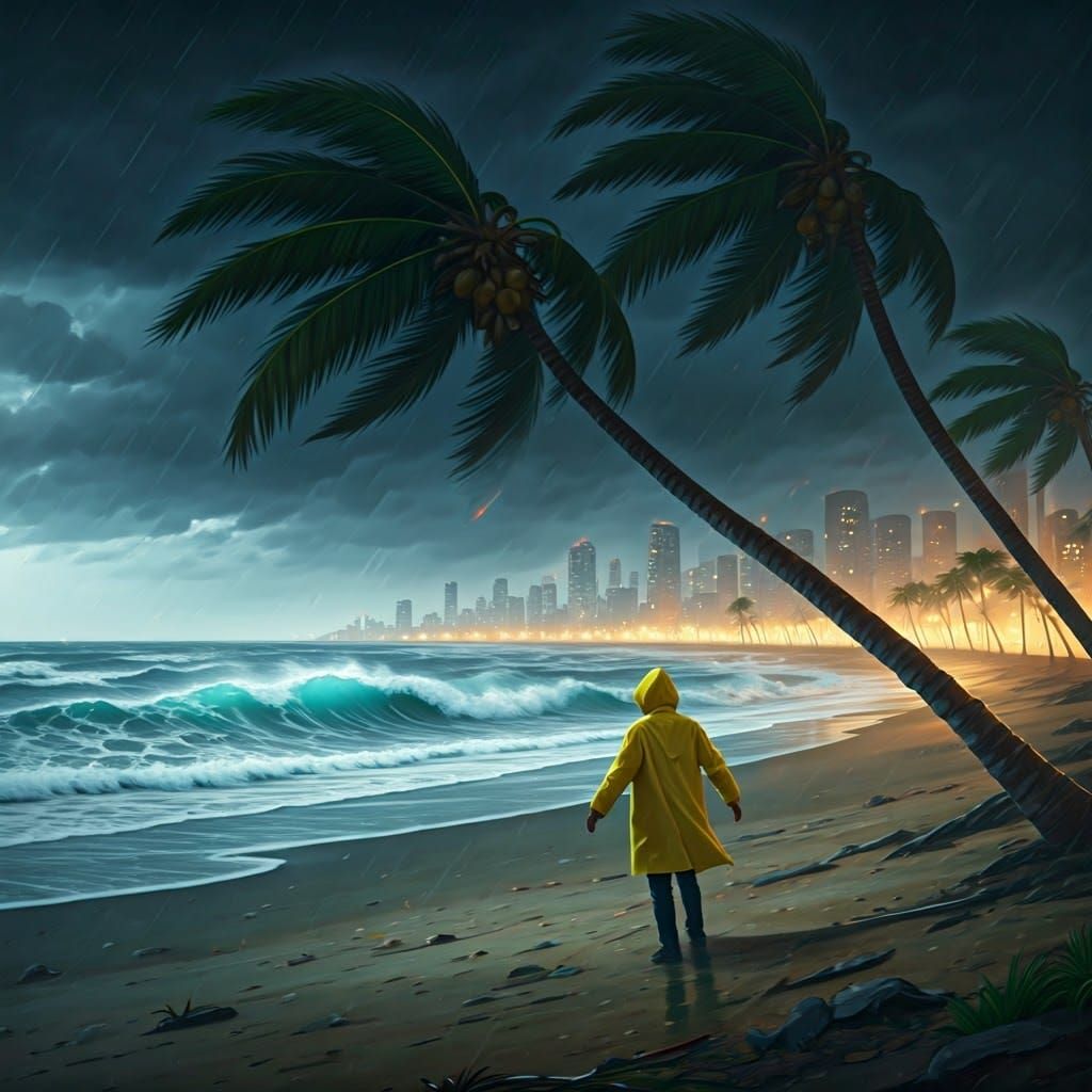 Reporter Dancing in Hurricane on Stormy Beach