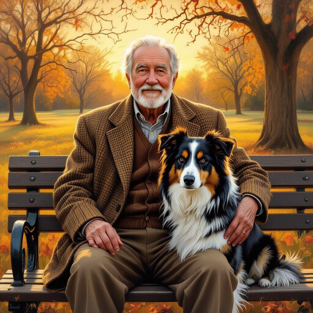 Old Man and Collie Dog: Golden Hour Oil Painting