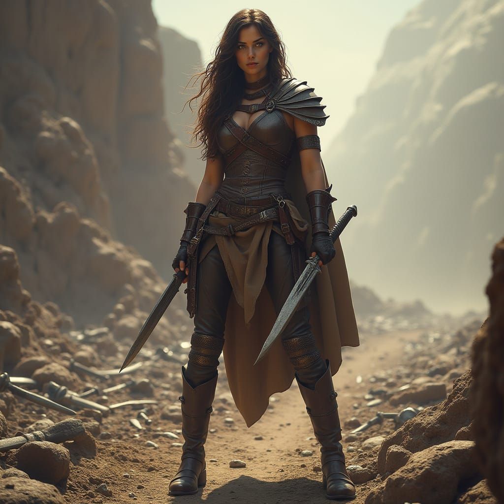 Female Warrior with Knives on Battlefield