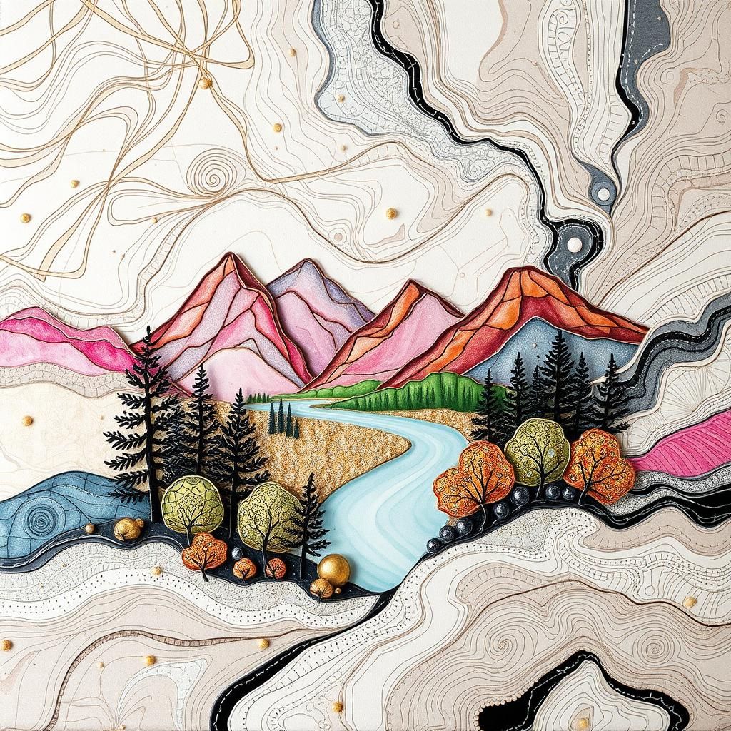 Abstract Landscape Painting with Zentangle Patterns