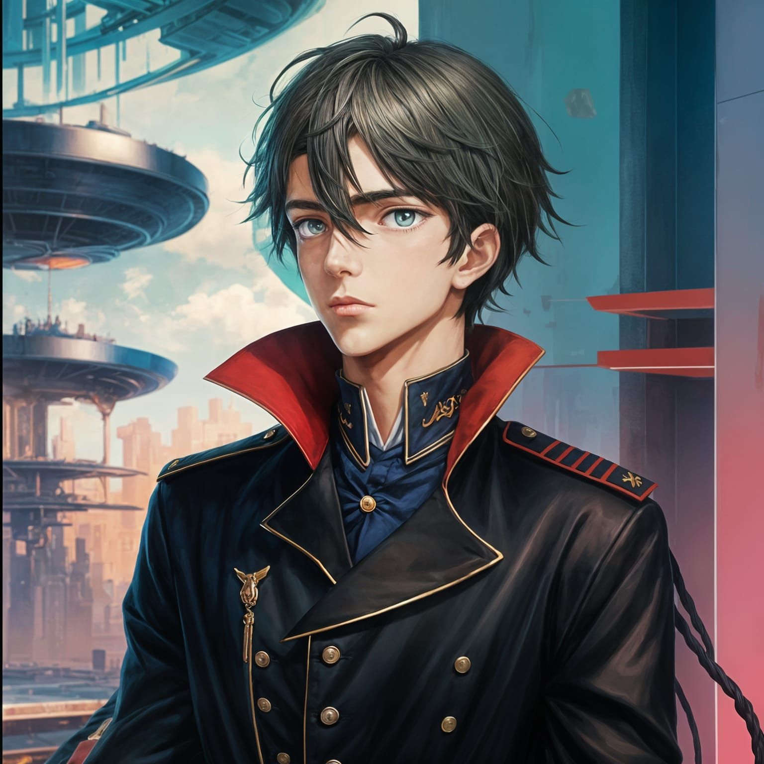 Anime Young Man in Futuristic Cityscape