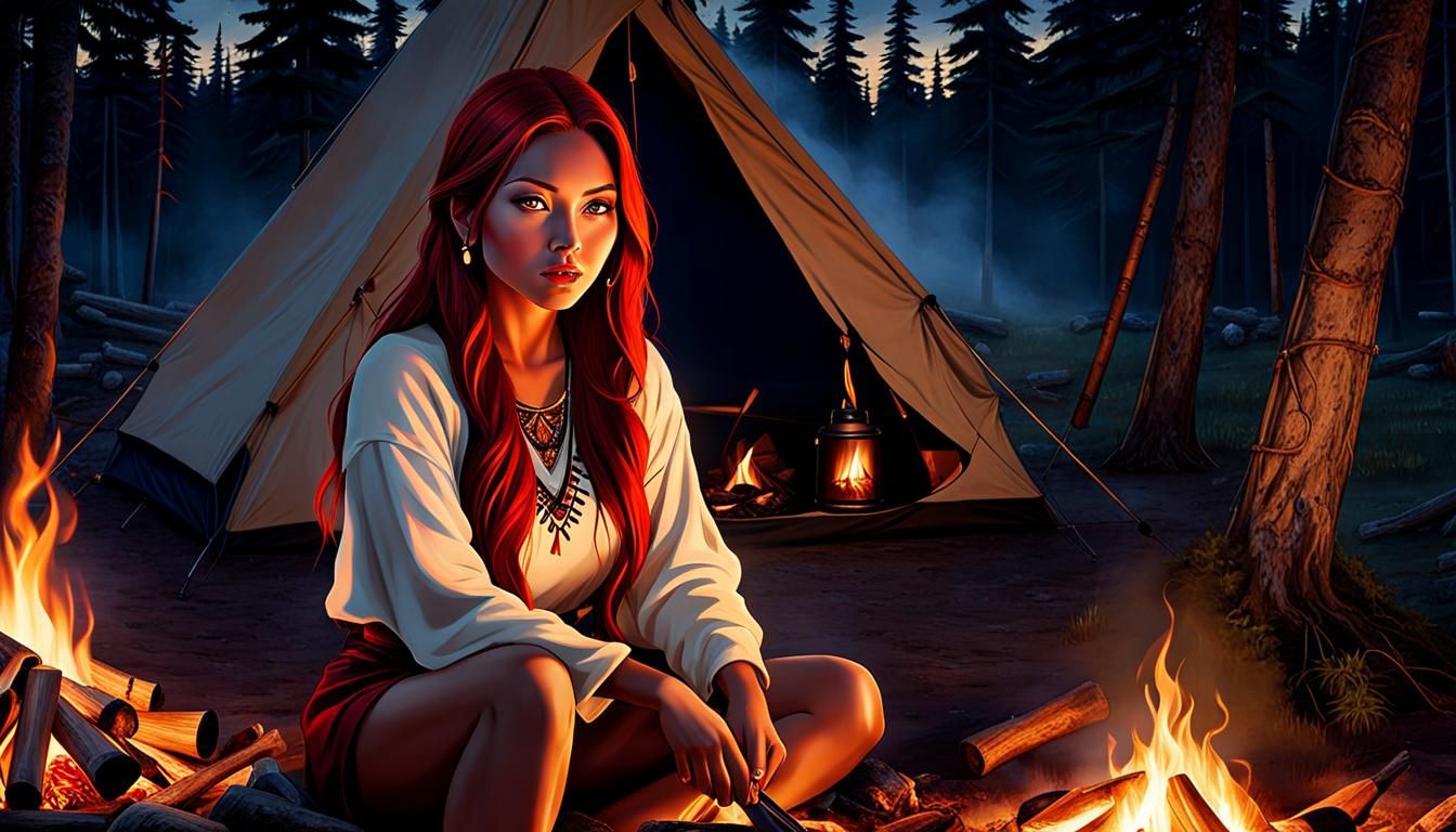 Glowing Algonquin Woman by Campfire at Night