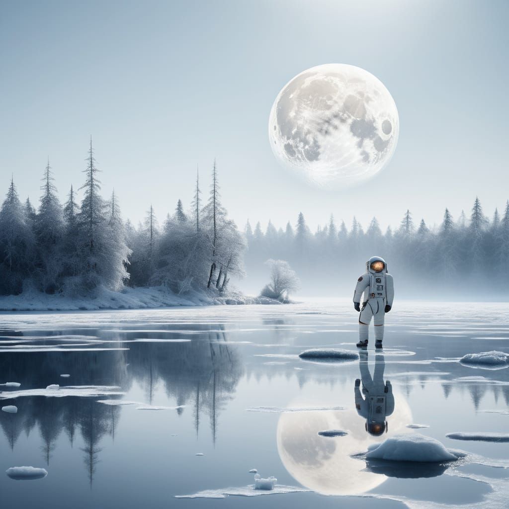 Surreal Lunar Landscape with Astronaut on Ice