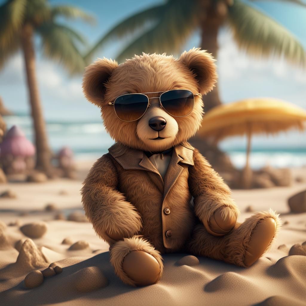 Teddy Bear with Sunglasses on Beach, Detailed Matte Painting