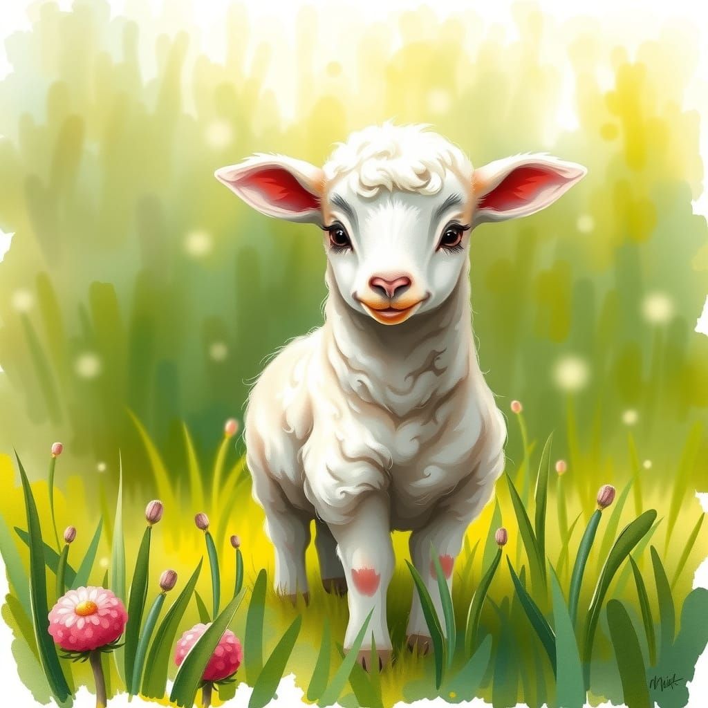 Timid Lamb in Meadow, Watercolor Illustration