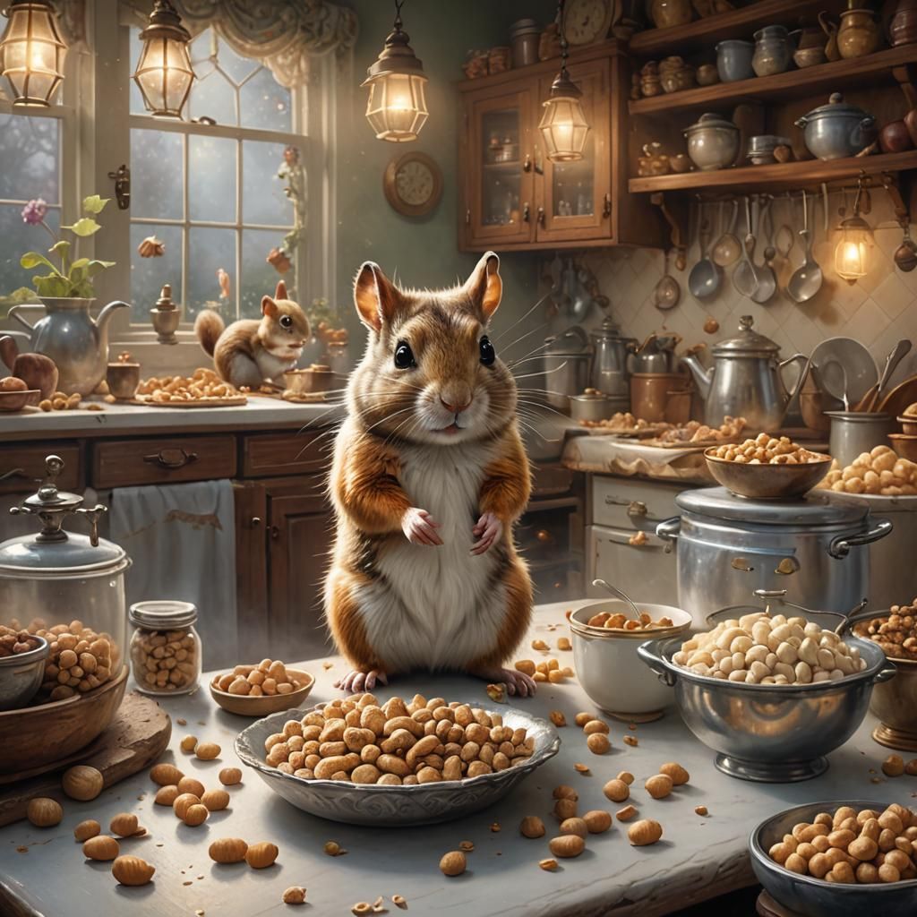 Victorian Kitchen Scene: Hamster, Squirrel, and Mouse