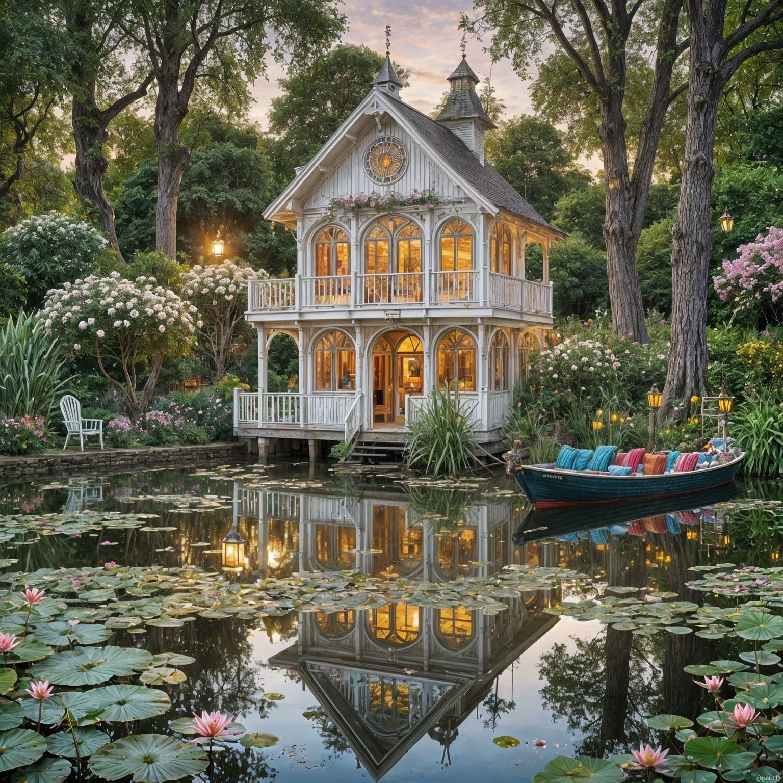 Enchanted Summer Boat House with Golden Hour Splendor