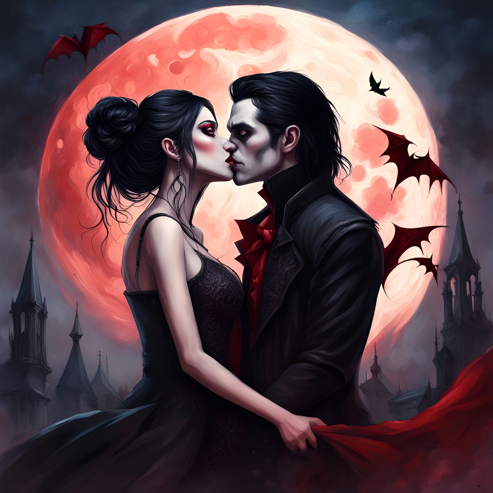 Vampire Couple Kissing in Gothic Moonlight